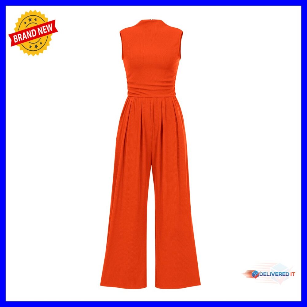 Sleeveless Mock Neck Wide Leg Jumpsuit Elegant Chic Summer Casual Romper